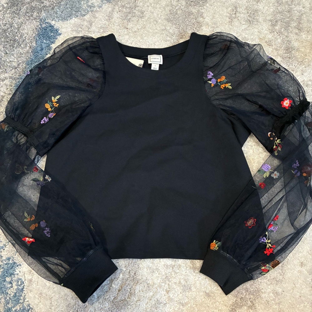 Maeve Embroidered Sheer-Sleeve Blouse NWT - Picture 2 of 12